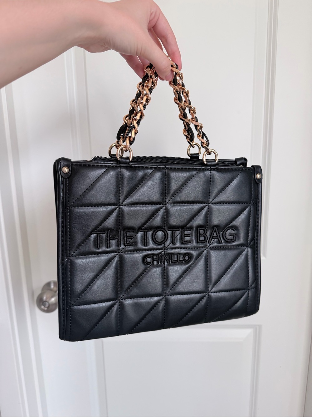 Black Quilted Tote Bag with Chain Handles